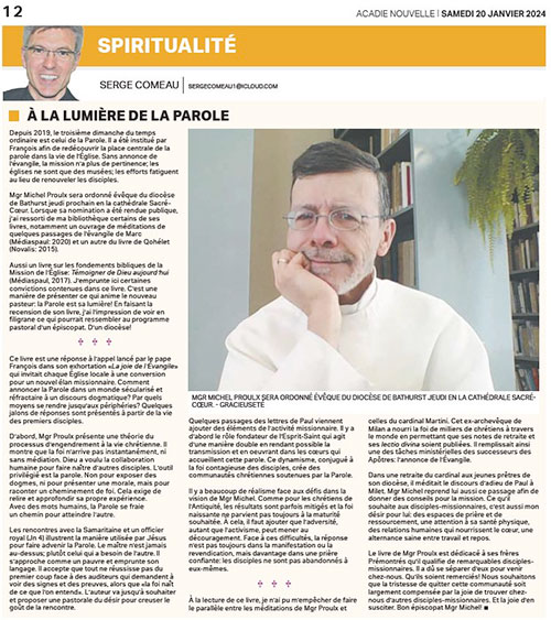 Acadie Nouvelle, article sur l'ordination de Mgr Michel Proulx